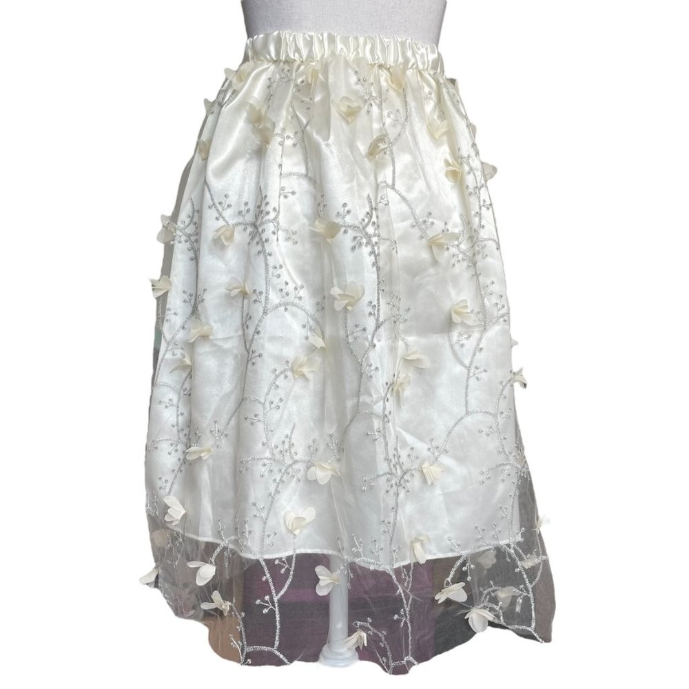 Floral Applique Mesh Skirt M Fairy Sheer Glitter Vines Butterfly Cream Cosplay